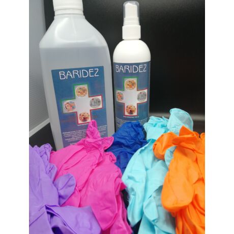 Baridez fertőtlenítő 250 ml-es pumpás és 1000 ml-es utántöltő színes nitril védőkesztyű